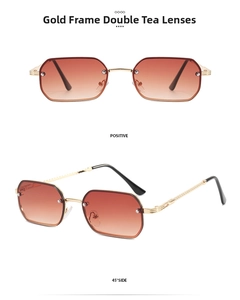 Detail view of gold metal rimless sunglasses with gradient tea lenses from two angles
