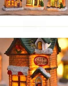 Detail showing lighted resin Christmas house with faux snow texture and warm LED glow