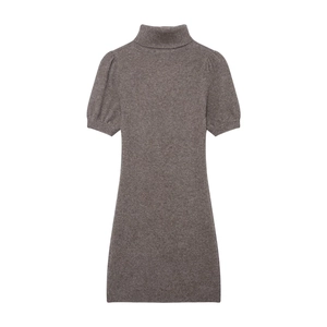 Women's slim fit taupe knit mini dress with high neck and short puff sleeves