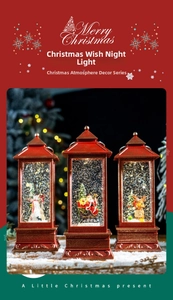 Detail of vintage red Christmas lanterns with snowman and Santa scenes and warm glow