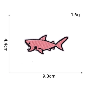 Pink shark embroidered patch showing 9.3x4.4cm dimensions and 1.6g weight on white background