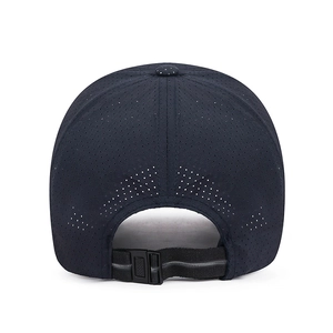 Rear view of dark blue breathable quick-dry mesh baseball cap with adjustable strap