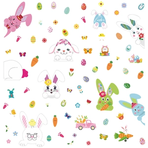 Easter wall stickers with cartoon bunnies, colored eggs and carrots for kids room decoration