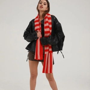 Women Winter Knitted Striped Scarf Red Pink Color Block Acrylic Yarn Dyed Soft Warm Long Wrap Fashion Scarves Accessory