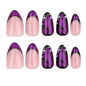French purple glitter butterfly press-on nails with cat-eye almond shape design