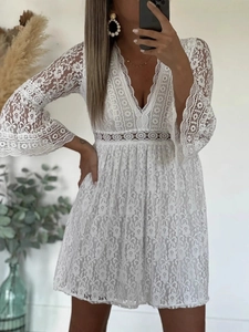 Elegant White Lace Mini Dress V-Neck Hollow Out Bell Sleeve Floral A-Line Short Skirt For Women High Waist Casual