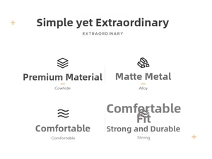 Detail diagram of cowhide leather belt and alloy buckle showing durable material specs