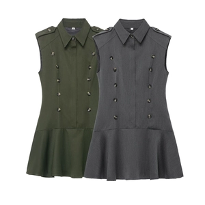 Robe Mini À Double Boutonnage Sans Manches Revers Épaulettes Ourlet À Volants Polyester Élégante Style Militaire