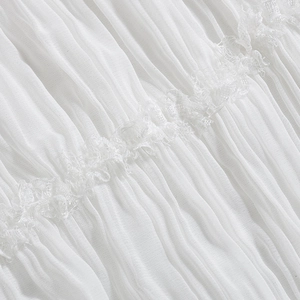Detailed macro view of white pleated fabric with elegant lace textures and ruffles