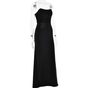Detailed view of the black strapless long dress featuring elegant pleated waist design