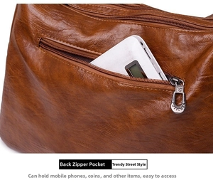 Detail of the back zipper pocket on a brown leather crossbody bag showing storage capacity
