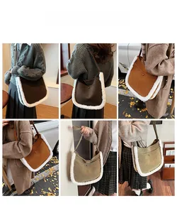 Detailed views of vintage faux suede crossbody bags with white shearling trim in multiple colors