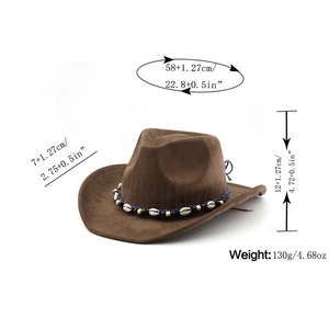 Detailed size and weight guide for the brown suede cowboy hat with shell trim