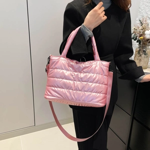 Pink quilted down tote bag for women with space cotton material and top-handle design
