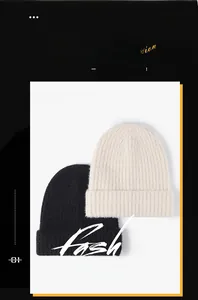 Detailed knit texture of thick slouchy beanies in black and beige for autumn and winter