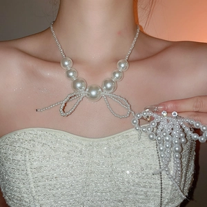 Artificial Pearl Bowknot Choker Necklace And Tassel Dangle Earrings Jewelry With Silver Earring Post Luxury Elegant Women Accessory