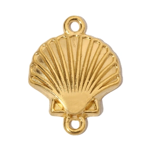 Detailed view of a gold shell-shaped stainless steel pendant with connector rings