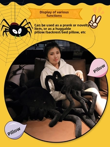 Plush black spider pillow in large and small sizes used as a sofa backrest or soft cushion
