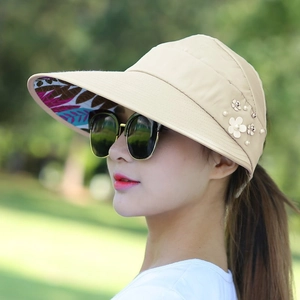 Khaki wide brim sun hat for women with floral pearl detail and leaf print lining