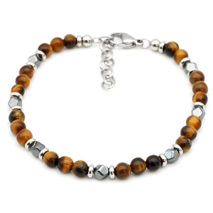 Adjustable tiger eye beaded bracelet for men with metallic spacers and lobster clasp
