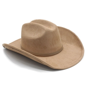 Close-up of the vintage camel suede cowboy hat featuring a classic leather belt band detail