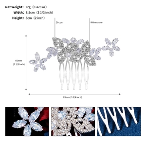 Detail view of silver flower hair comb with zircon and rhinestone inlay for weddings