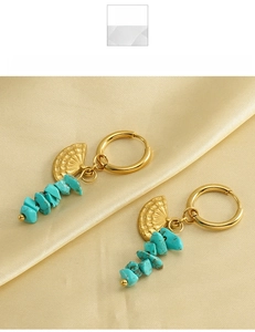 Detailed macro view of 18k gold fan-shaped earrings with blue turquoise stones
