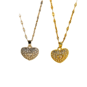 Luxury titanium steel heart pendant necklace with rhinestones in gold and silver finish