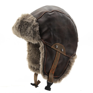 Vintage brown PU leather aviator hat with gray faux fur lining and chin strap