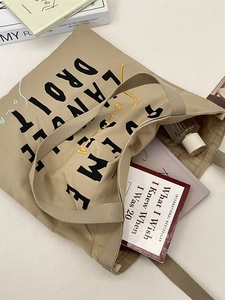 French vintage khaki canvas tote bag with large capacity and poetic letter embroidery