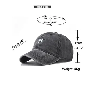 Detailed size chart for washed grey baseball cap with embroidered dog and dimensions