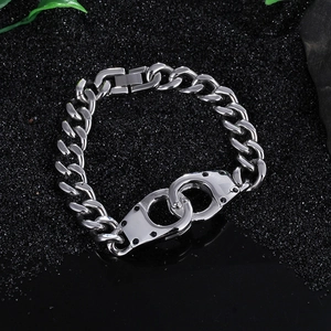 Hip hop stainless steel handcuffs bracelet with silver Cuban link chain and diamond accents
