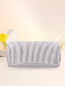 Elegant silver pleated clutch bag with shimmering fabric for evening parties and weddings