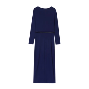 Navy blue long sleeve pleated maxi dress with slim decorative belt on white background