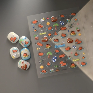 5D Capybara nail stickers with summer cartoon motifs of palm trees and swim rings