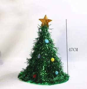 Detail view of 47cm green tinsel Christmas tree hat headband with golden star and ornaments
