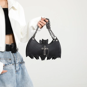 Bat Shaped Crossbody Bag For Women PU Leather Gothic Halloween Party Shoulder Purse With Metal Chain Cross Skull Pendants