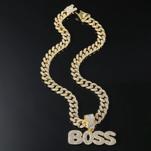 Men's hip hop gold Cuban chain necklace with iced-out BOSS letter pendant and crystals