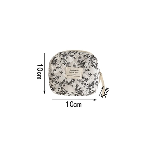 Quilted floral sanitary pouch 10x10x5cm dimensions and zipper detail on white background