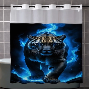 Detail of waffle shower curtain with a majestic tiger print and blue flame effects
