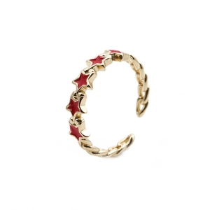 Gold adjustable open ring with red enamel stars and chain style band design