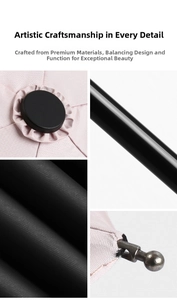 Detailed close-up of pink umbrella fabric seams, sturdy ribs, and metallic beads