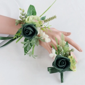 Forest green PE rose boutonniere and wrist corsage set for outdoor weddings