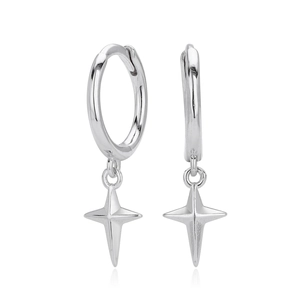 Polished S925 sterling silver hoop earrings with minimalist four-pointed star pendants
