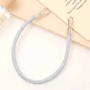 Close-up of silver-grey braided strap with dual silver metal hooks on a neutral background