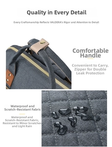 Detail view of durable gray diaper bag featuring waterproof fabric and reinforced handle