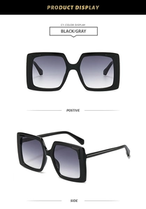 Front and side view of classic square oversized sunglasses with grey gradient lenses