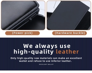 Detail view of high-quality leather men's wallet with durable hardware buckle and power pick