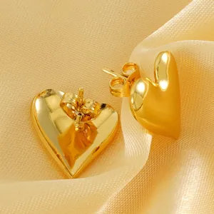 Heart Stud Earrings 18K Gold Plated Stainless Steel Puffy 3D Mirror Polished Minimalist Jewelry For Women
