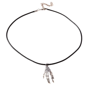 Retro Halloween skeleton hand pendant with black cord chain on a white background